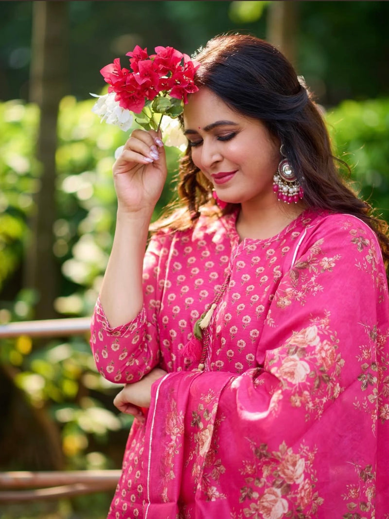 Dark Pink Chanderi Suit Set (with Pants and Dupatta)