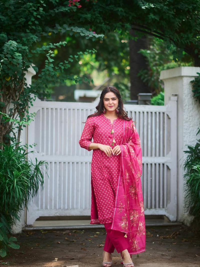 Dark Pink Chanderi Suit Set (with Pants and Dupatta)