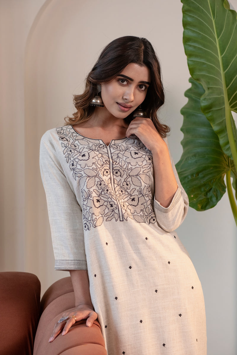 Off White Cotton Linen Kurta set