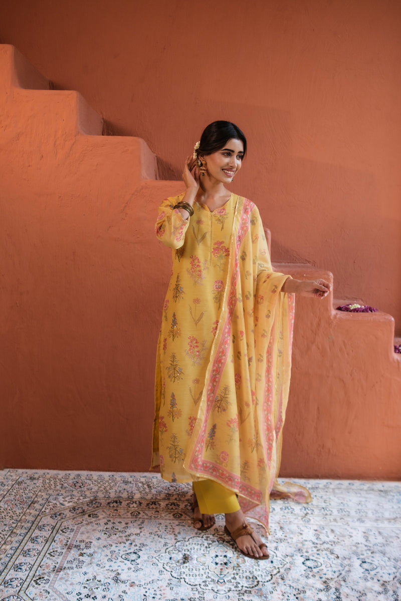 Floral Yellow Chanderi Suit Set (with Pants and Dupatta)