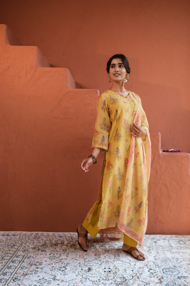 Floral Yellow Chanderi Suit Set (with Pants and Dupatta)