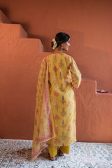 Floral Yellow Chanderi Suit Set (with Pants and Dupatta)