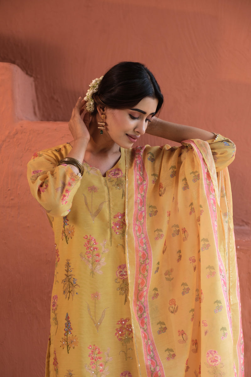 Floral Yellow Chanderi Suit Set (with Pants and Dupatta)