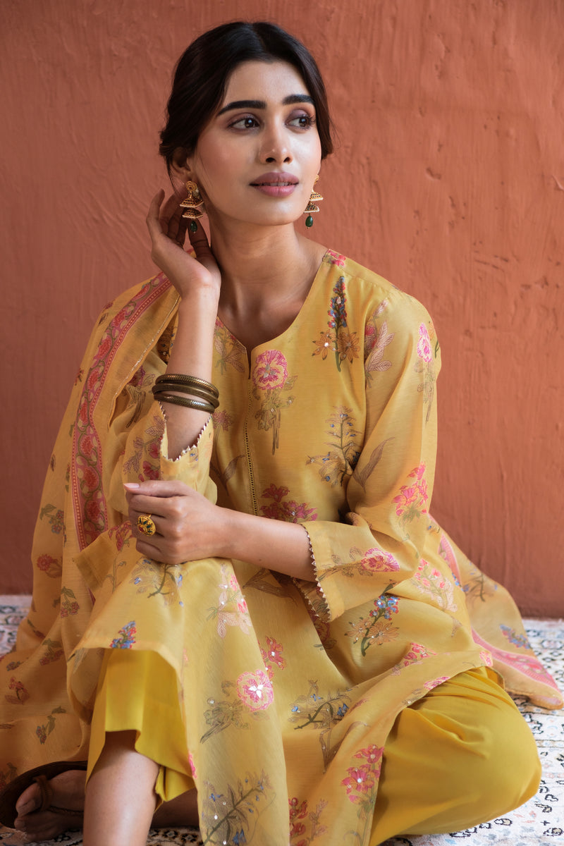 Floral Yellow Chanderi Suit Set (with Pants and Dupatta)