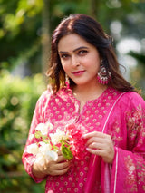 Dark Pink Chanderi Suit Set (with Pants and Dupatta)