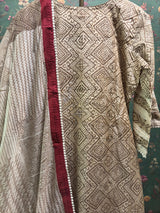 Beige Bamboo Silk A-line Suit Set (With Pants and Dupatta)