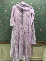 Lilac Cotton Anarkali Suit Set (With Pants and Dupatta)