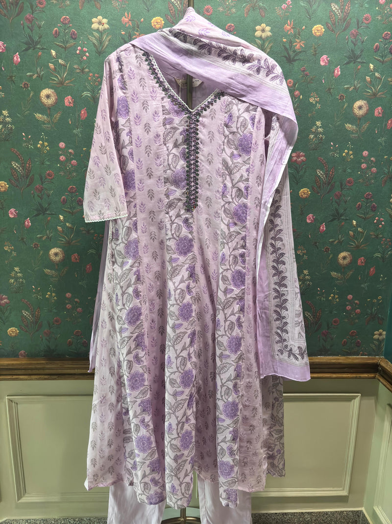 Lilac Cotton Anarkali Suit Set (With Pants and Dupatta)