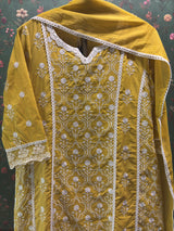 Yellow Cotton A-line Suit Set (With Pants and Dupatta)