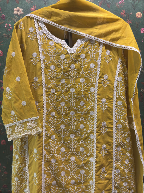 Yellow Cotton A-line Suit Set (With Pants and Dupatta)