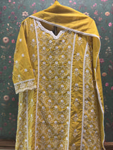 Yellow Cotton A-line Suit Set (With Pants and Dupatta)