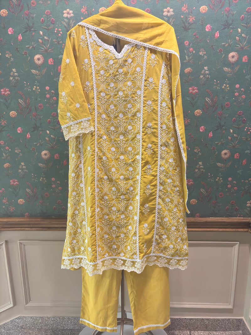 Yellow Cotton A-line Suit Set (With Pants and Dupatta)