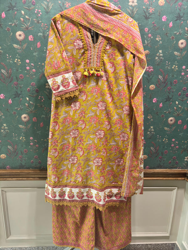 MUSTARD Straight Fit Cotton Suit Set (With Pants and Dupatta)