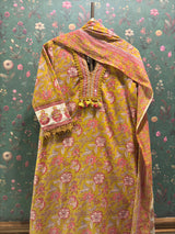 MUSTARD Straight Fit Cotton Suit Set (With Pants and Dupatta)