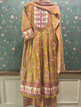 Mustard Cotton Anarkali Suit Set (With Pants and Dupatta)