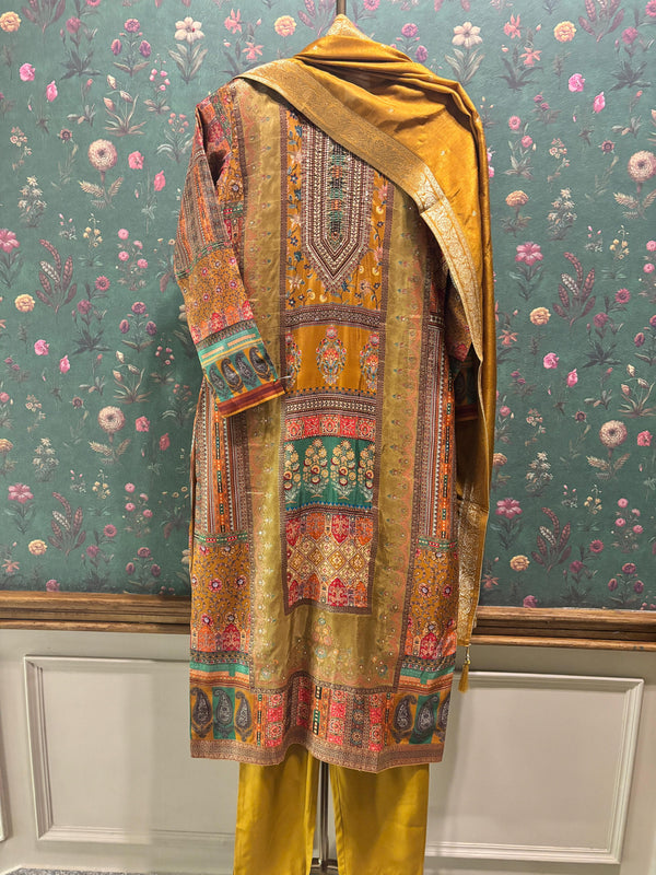 Mustard Dola Jacquard Straight Fit Suit Set (With Pants and Dupatta)