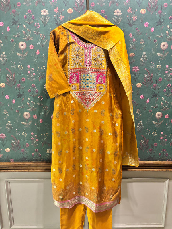 Yellow Dola Jacquard Straight Fit Suit Set (With Pants and Dupatta)