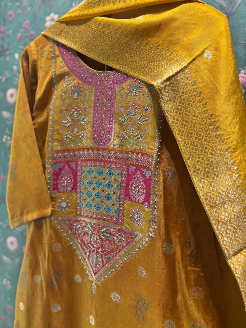 Yellow Dola Jacquard Straight Fit Suit Set (With Pants and Dupatta)