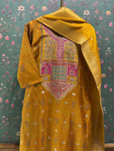 Yellow Dola Jacquard Straight Fit Suit Set (With Pants and Dupatta)