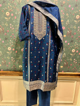 Blue Dola Jacquard Straight Fit Suit Set (With Pants and Dupatta)