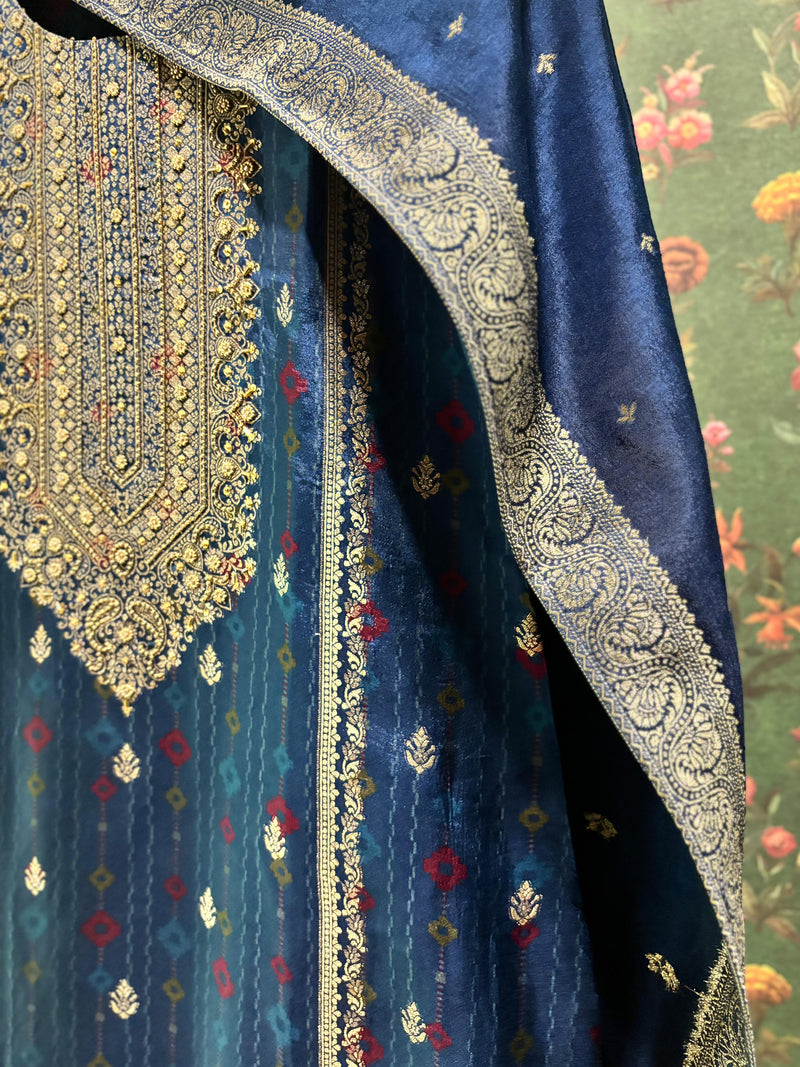 Blue Dola Jacquard Straight Fit Suit Set (With Pants and Dupatta)