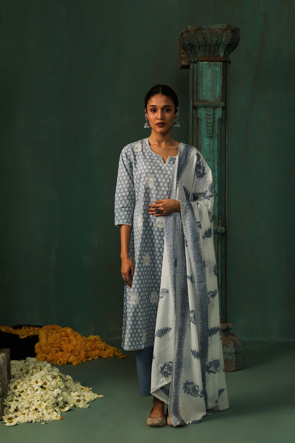 Sea Blue Cotton Straight Fit Suit Set (With Pants and Dupatta)