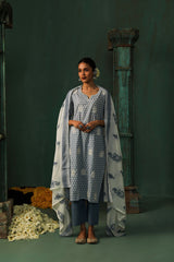 Sea Blue Cotton Straight Fit Suit Set (With Pants and Dupatta)