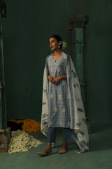 Sea Blue Cotton Straight Fit Suit Set (With Pants and Dupatta)