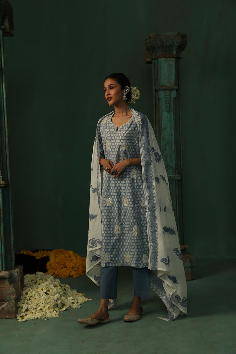 Sea Blue Cotton Straight Fit Suit Set (With Pants and Dupatta)