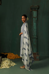 Sea Blue Cotton Straight Fit Suit Set (With Pants and Dupatta)