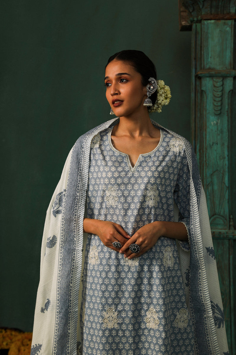 Sea Blue Cotton Straight Fit Suit Set (With Pants and Dupatta)