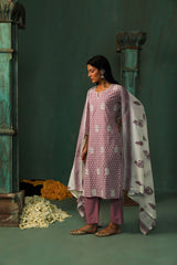 Lavender Straight Fit Cotton Suit Set (With Pants and Dupatta)