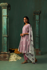 Lavender Straight Fit Cotton Suit Set (With Pants and Dupatta)