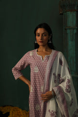 Lavender Straight Fit Cotton Suit Set (With Pants and Dupatta)