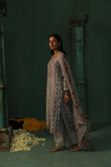 Grey Linen Suit Set (With Pants and Dupatta)