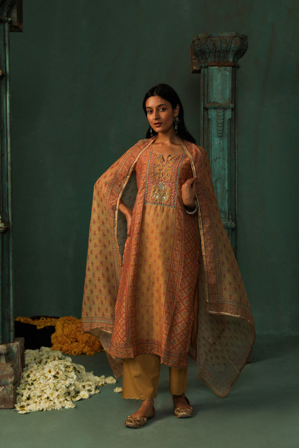 Mustard Linen Suit Set (With Pants and Dupatta)
