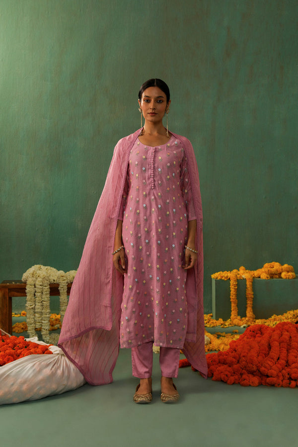 Lavender Pink Mul Chanderi Suit Set (With Pants and Dupatta)