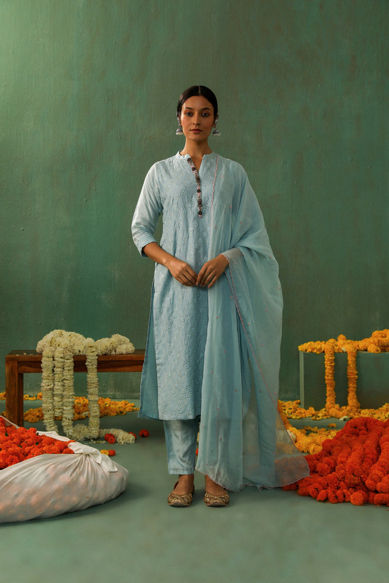 Powder Blue Cotton Silk Suit Set (With Pants and Dupatta)