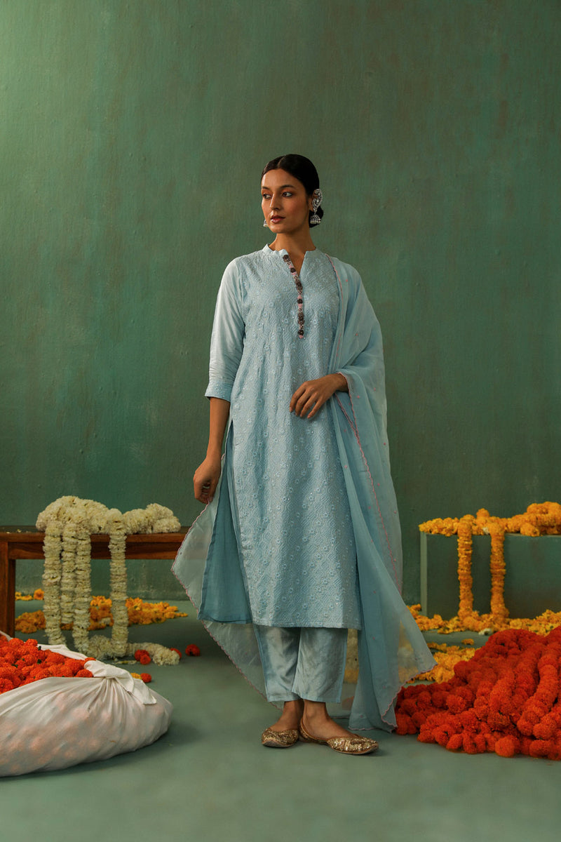 Powder Blue Cotton Silk Suit Set (With Pants and Dupatta)