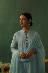 Powder Blue Cotton Silk Suit Set (With Pants and Dupatta)