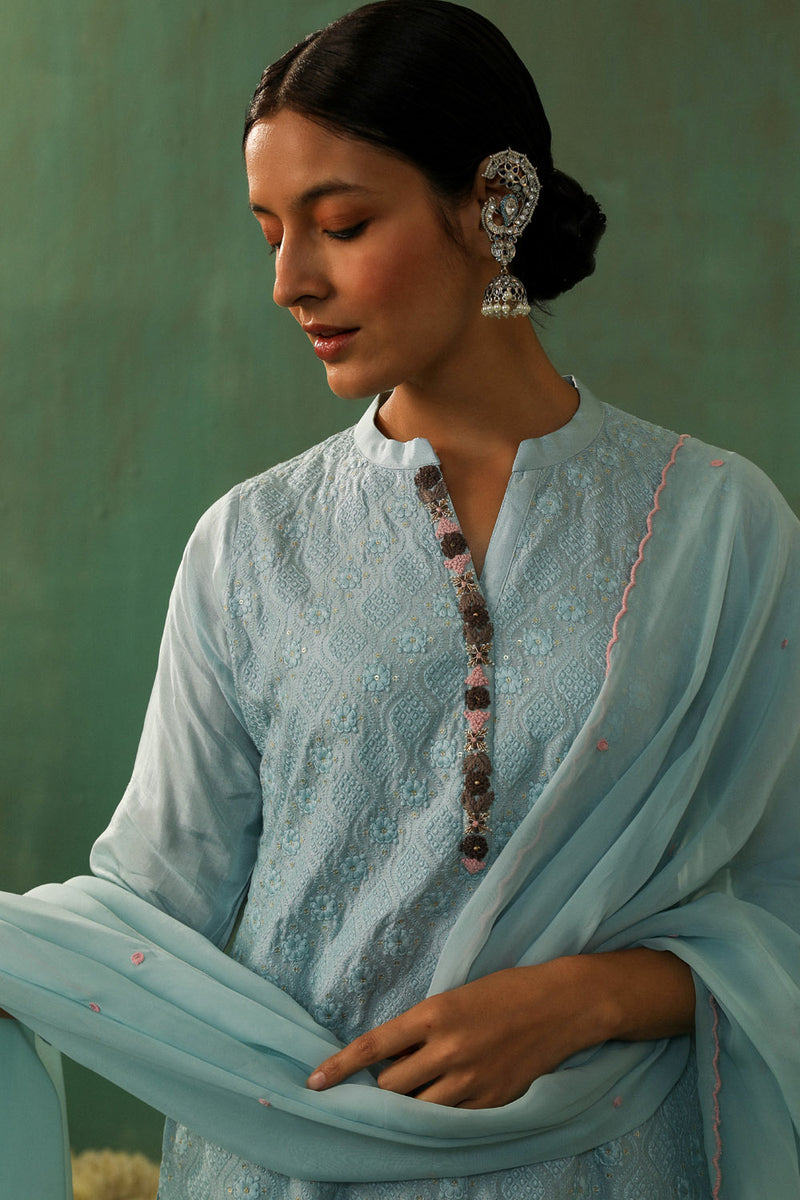 Powder Blue Cotton Silk Suit Set (With Pants and Dupatta)