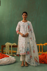 Cream Straight Fit Printed Linen Suit Set (With Pants & Dupatta)