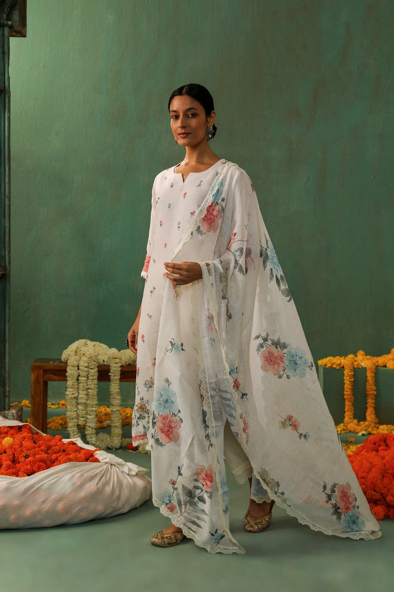 Cream Straight Fit Printed Linen Suit Set (With Pants & Dupatta)