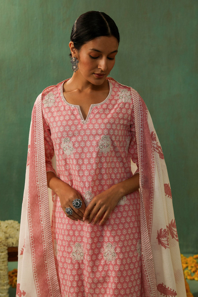 Pink Straight Fit Cotton Suit Set (With Pants and Dupatta)