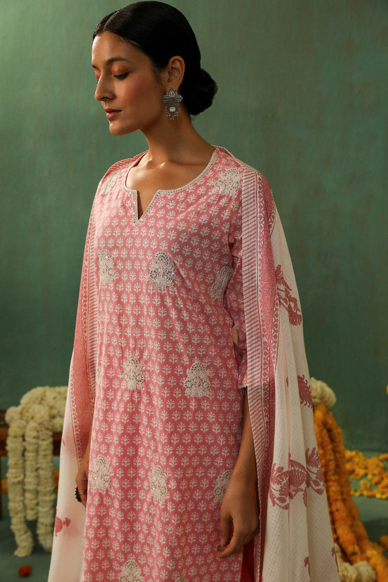 Pink Straight Fit Cotton Suit Set (With Pants and Dupatta)