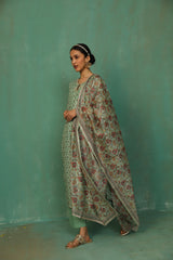 Pastel Green Straight Fit Chanderi Suit Set (With Pants and Dupatta)