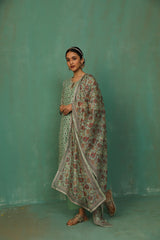 Pastel Green Straight Fit Chanderi Suit Set (With Pants and Dupatta)