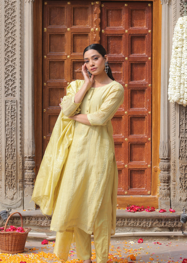 Light Yellow Mul Chanderi Straight Suit Set (With Pants and Dupatta)