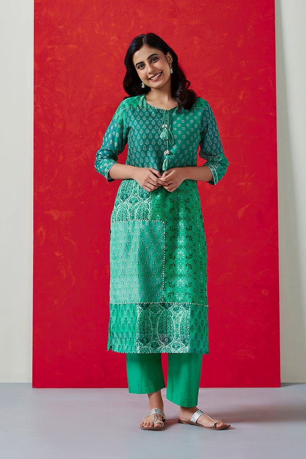 Floral Green Chanderi Suit Set (with Pants and Dupatta)