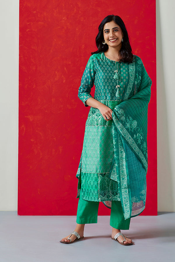 Floral Green Chanderi Suit Set (with Pants and Dupatta)